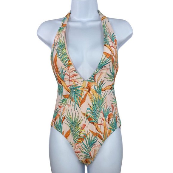 Basta Surf Other - Basta Surf Women’s Pink Floral Print One Piece Swimsuit Plunging Halter Sz M NWT